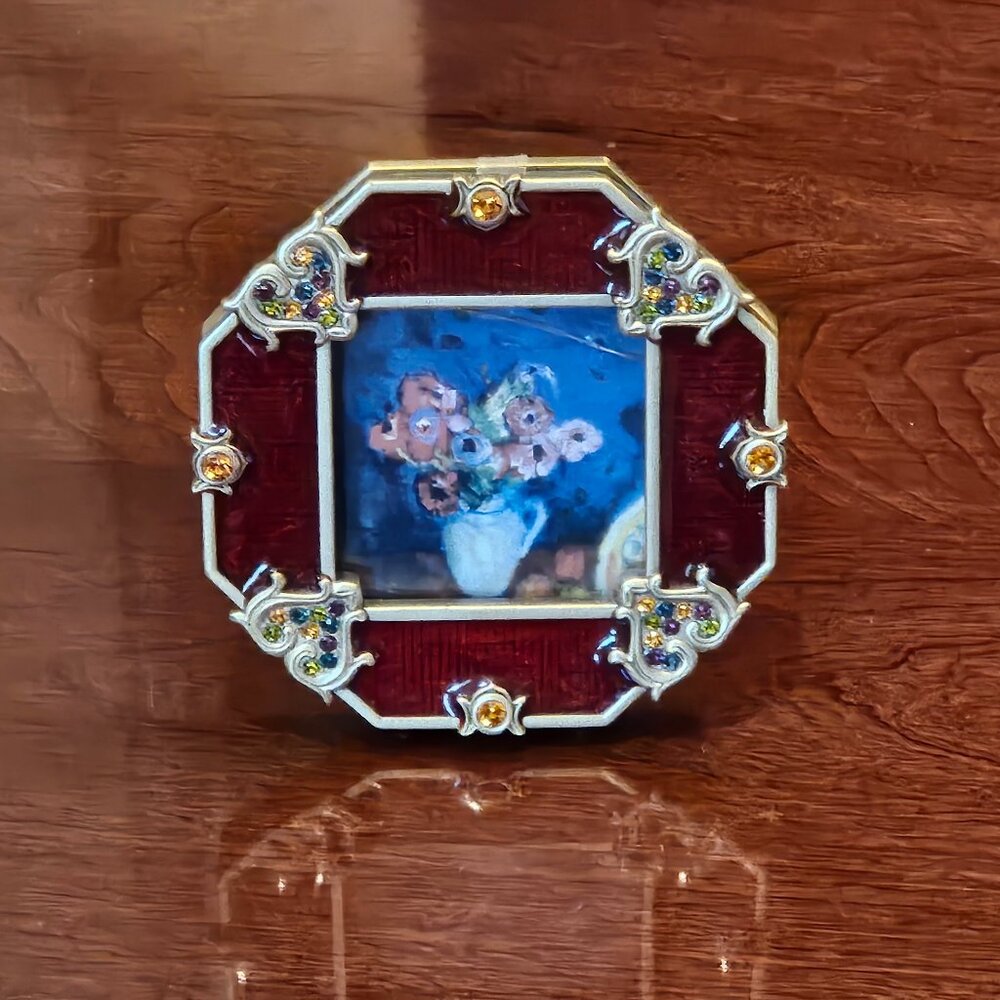 RARE JAY STRONGWATER EVA RED GOLD VICTORIAN HEART OCTAGON CRYSTAL ENAMEL FRAME